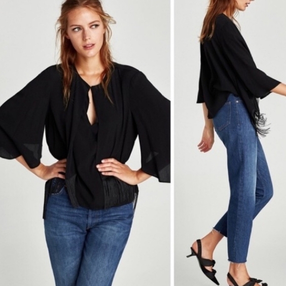 Zara Hippie Boho Whimsigoth Country black cape blouse fringe NWT XS oversized - Picture 11 of 11